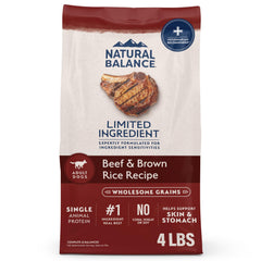 Natural Balance Limited Ingredient beef brown rice 4-pound bag, a gentle, balanced option for sensitive stomachs.