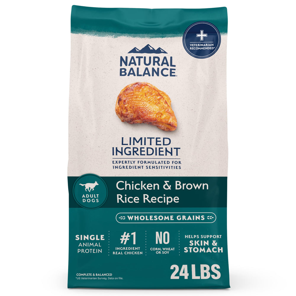 Natural Balance Limited Ingredient Chicken first ingredient supports lean muscle and energy.