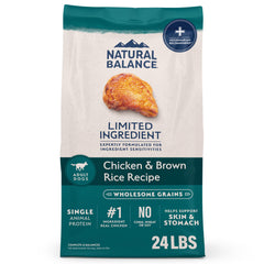 Natural Balance Limited Ingredient Chicken first ingredient supports lean muscle and energy.