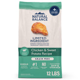 Natural Balance limited ingredient dry dog food bag with chicken and sweet potato for digestive ease.