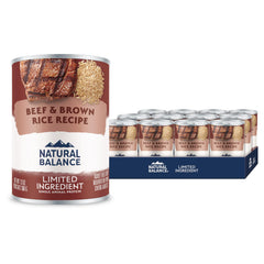 Natural Balance Limited Ingredient wet dog food can with beef and brown rice, a protein-rich meal option.
