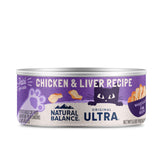 Natural Balance Original Ultra cat wet food pate in bowl with chicken liver for tasty nutrition at mealtime.