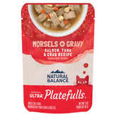 Natural Balance Original Ultra Platefulls display with salmon-tuna-crab in gravy for adult cats.