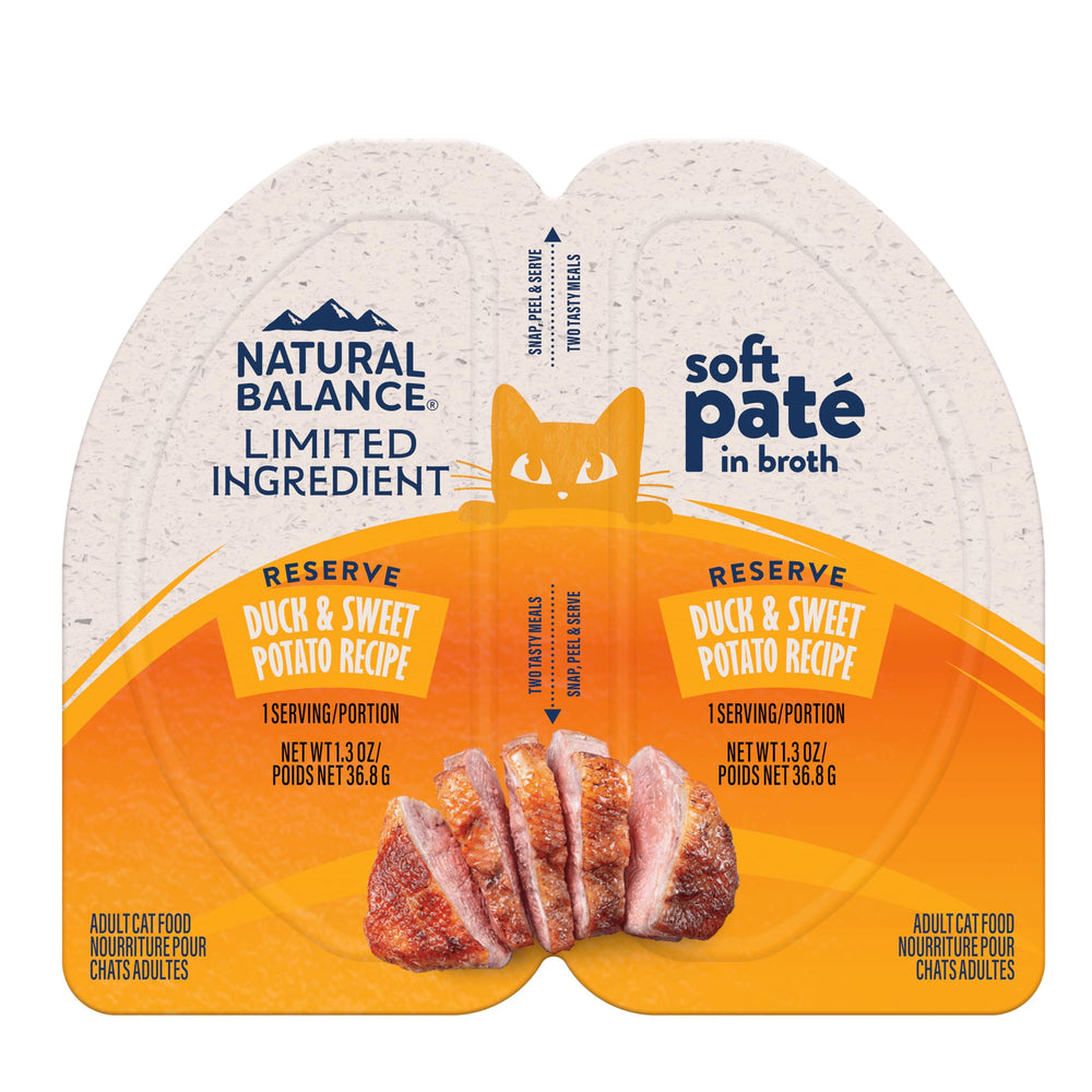 Natural Balance split cup packaging for duck and sweet potato cat food showing two easy portions