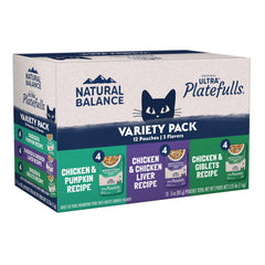 Natural Balance Platefulls chicken morsels in gravy in a bowl, protein-rich cat meal option.