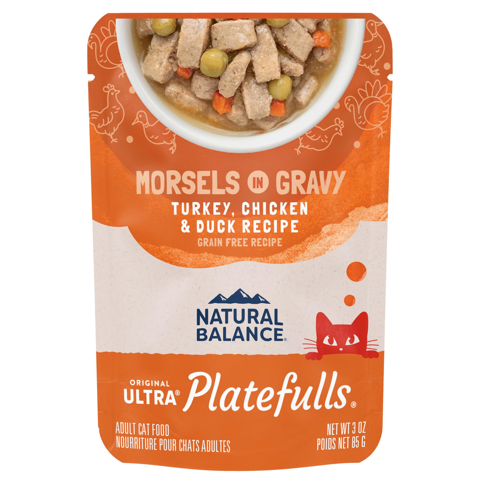 Natural Balance Platefulls gravy with turkey, chicken and duck morsels for adult cats.