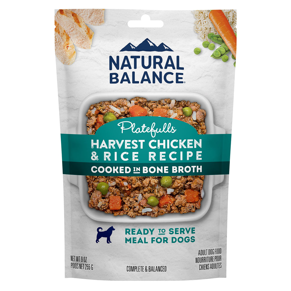 Natural Balance Platefulls homestyle chicken rice in bone broth served in bowl for picky eaters