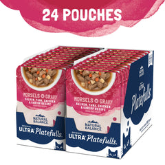 Natural Balance Platefulls Indoor Pouch-Two close-up illustrates grain-free formula and seafood mix.