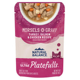 Natural Balance Platefulls Indoor wet cat food with turkey-salmon-chicken in gravy for strong muscles and flavor.