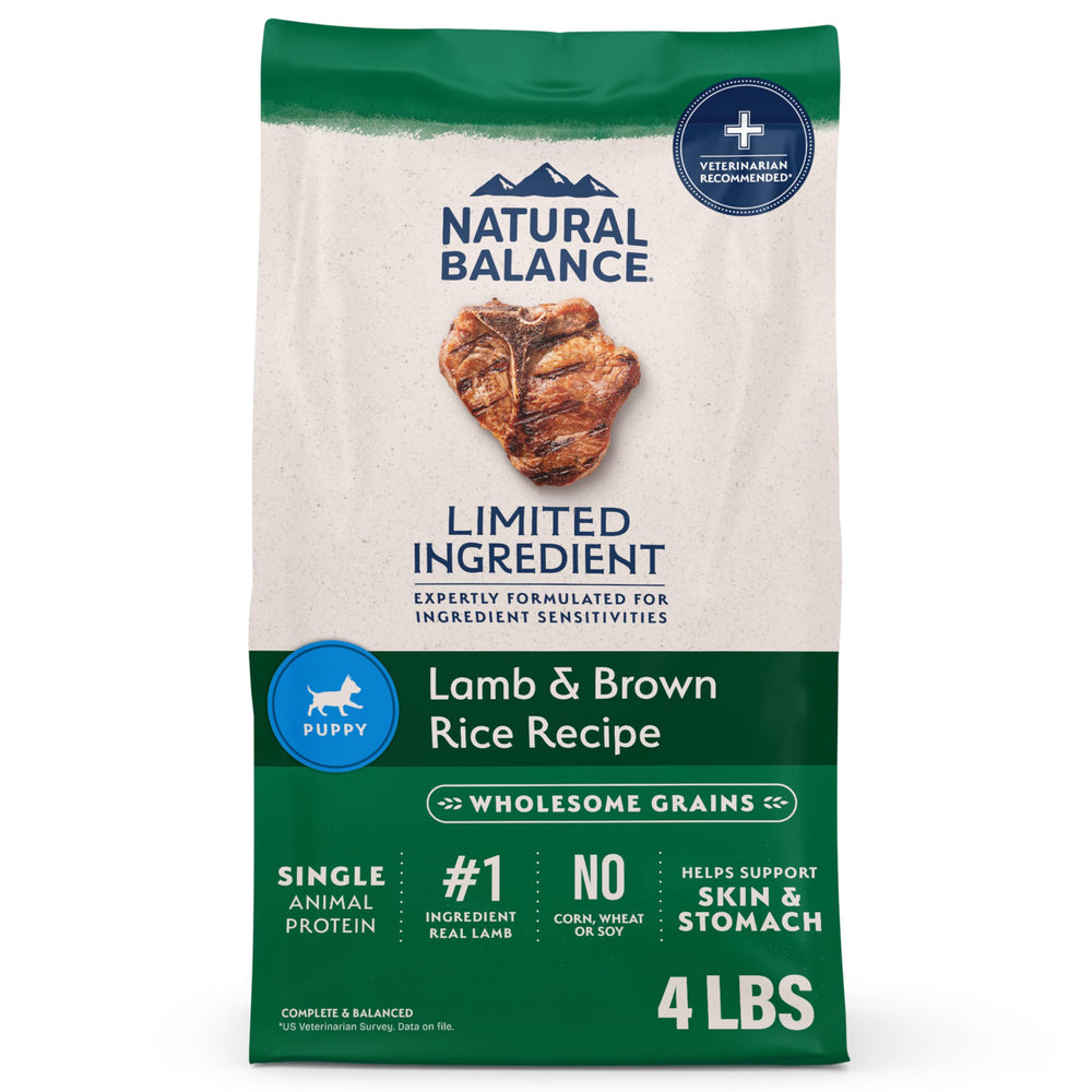 Natural Balance puppy food bag showing lamb-brown rice kibble for gentle nutrition