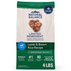 Natural Balance puppy food bag showing lamb-brown rice kibble for gentle nutrition