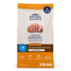 Natural Balance Reserve duck-puppy kibble bag, grain-free and gentle on digestion.