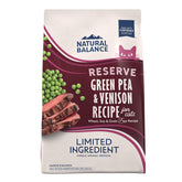Natural Balance Reserve bag front showing venison and green peas for protein-rich nutrition.