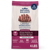 Natural Balance Reserve venison dry dog food bag highlighting single-protein formula for sensitive stomachs.