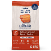 Natural Balance salmon-sweet-potato-dry-dog-food-bag shows grain-free nutrition for sensitive stomachs.