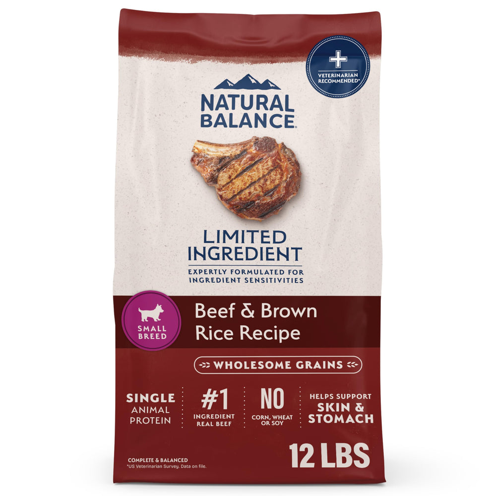 Natural Balance small-breed beef and brown rice kibble in 12lb bag for gentle digestion