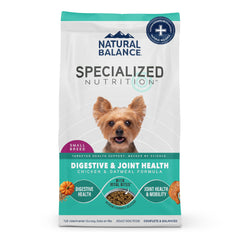 Natural Balance Specialized Small Breed Dry Dog Food bag demonstrates digestive and joint support