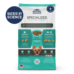Natural Balance Specialized small-breed kibble close-up highlights crunchy texture for dental care