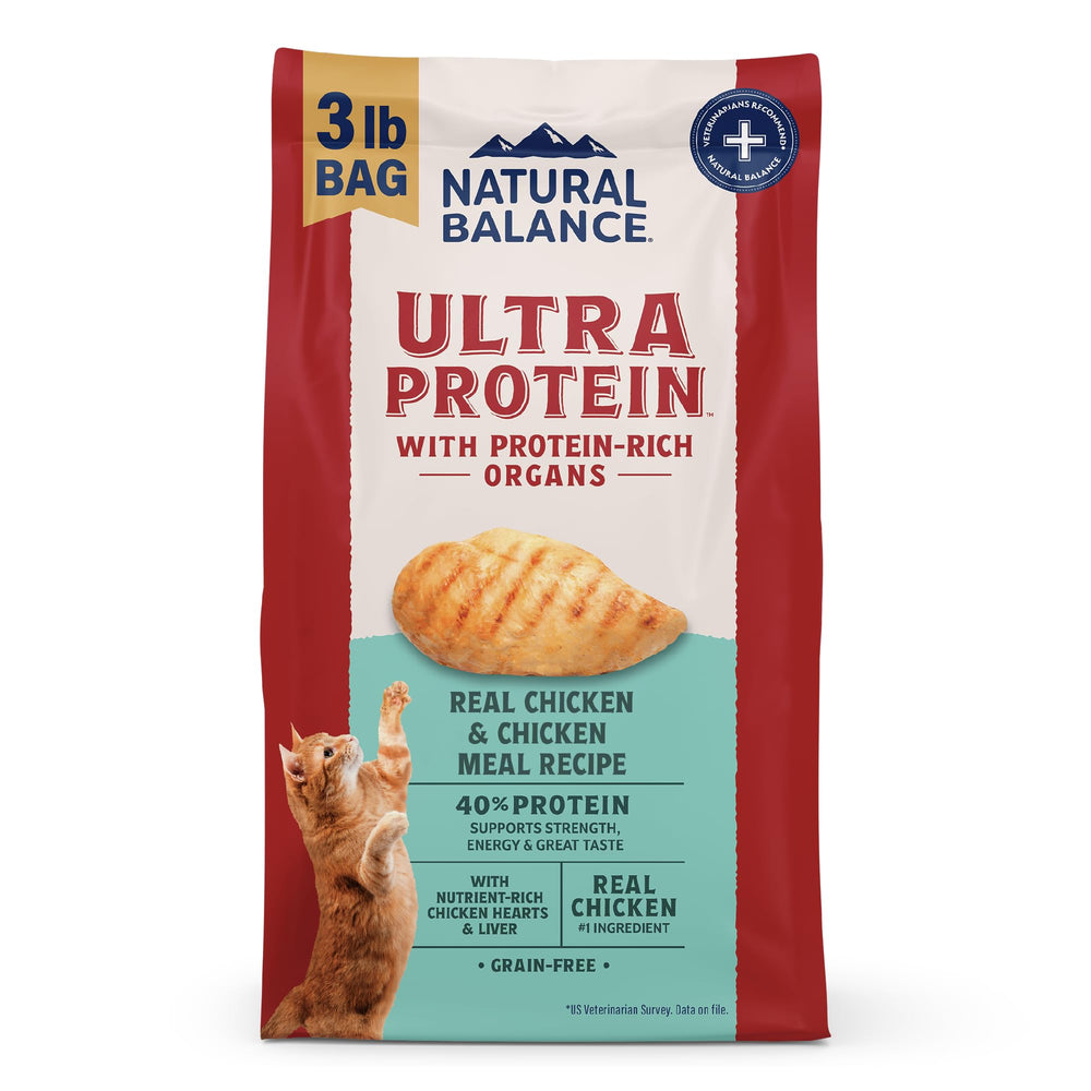 Natural Balance Ultra Protein dry cat food real chicken image highlights premium taste for picky cats