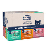 Natural Balance variety-pack cat food image showcasing chicken, salmon, and duck pate assortment for picky eaters.