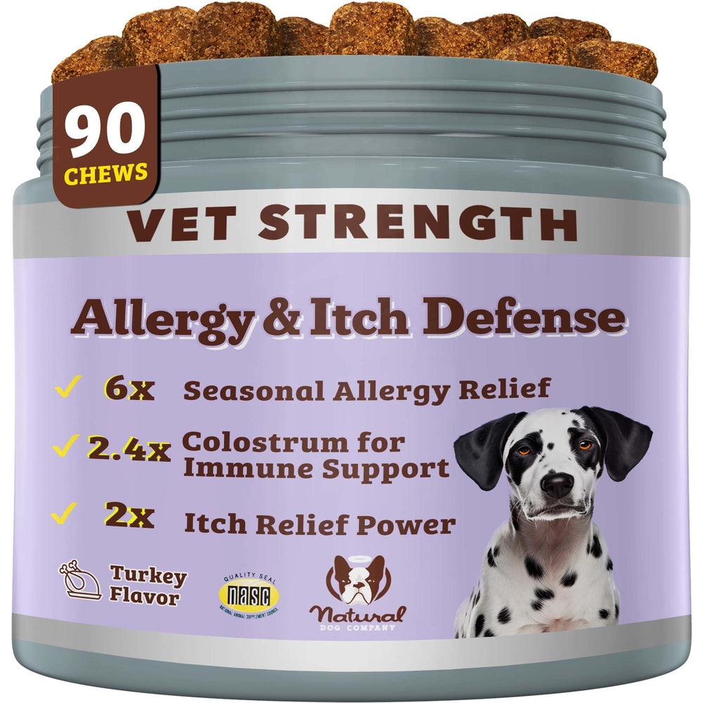 Natural Dog Company Allergy Chews bottle on shelf shows vet-strength daily use