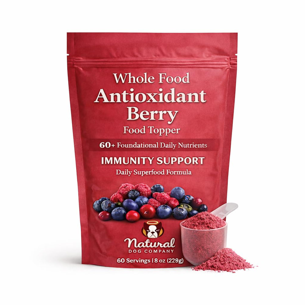 Natural Dog Company Berry Antioxidant Topper bottle boosts daily nutrition and flavor