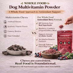 Natural Dog Company Berry Antioxidant Topper pour shows powder mixing into dog food for enhanced taste