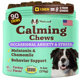 Natural Dog Company calming chews bottle shown, helping dogs settle during stressful moments.