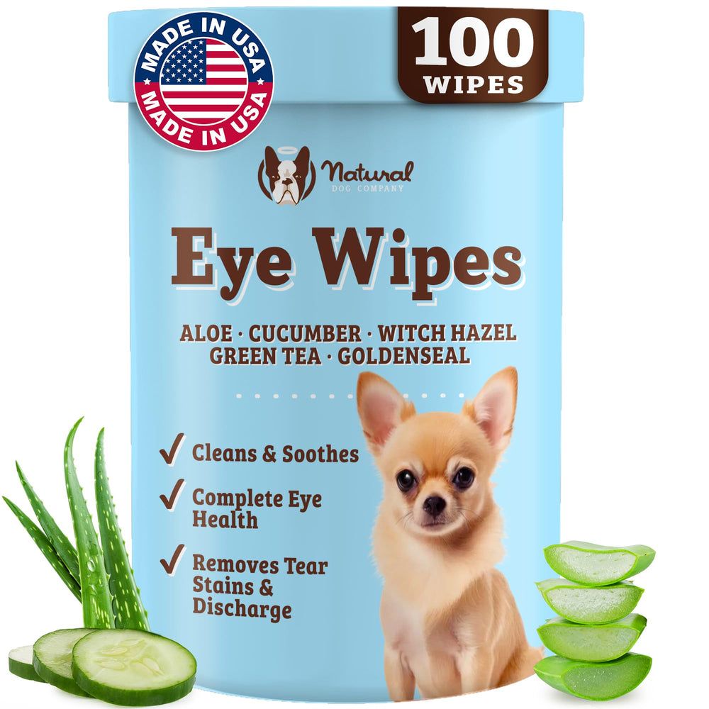 Natural Dog Company eye wipes targeting tear stains for a cleaner look