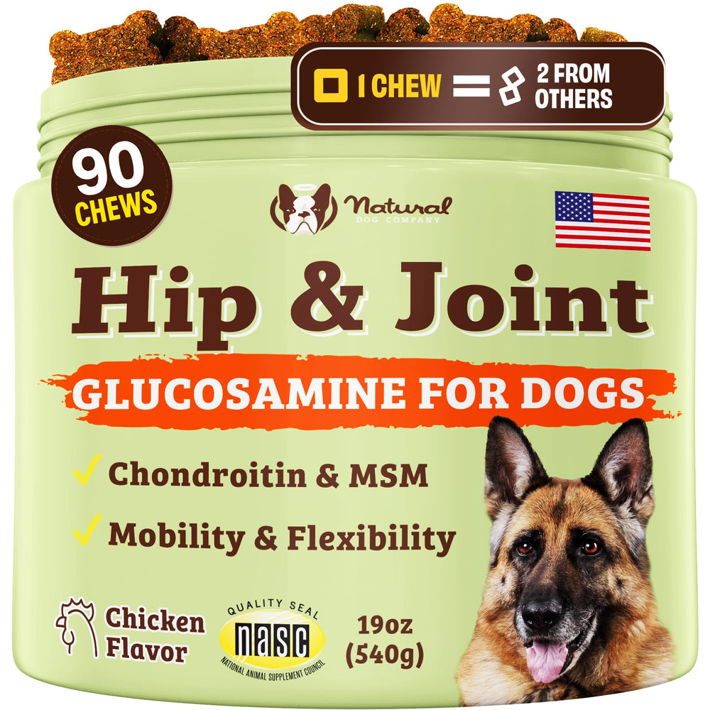 Natural Dog Company hip-joint chew bag open, showcasing soft treats for daily mobility.