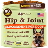 Natural Dog Company hip-joint chew bag open, showcasing soft treats for daily mobility.
