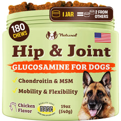 Natural Dog Company Hip & Joint Chews bottle supports daily mobility.