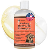Natural Dog Company itchy dog shampoo bottle showing a fragrance-free formula for sensitive skin.