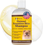 Natural Dog Company oatmeal shampoo bottle for sensitive skin with gentle cleansing.