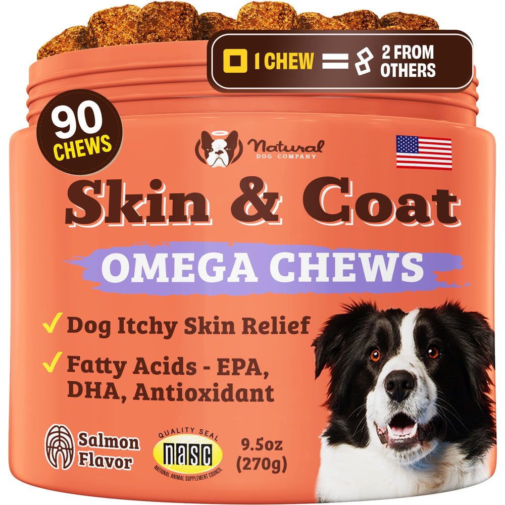 Natural Dog Company Skin & Coat soft chews arranged for a shiny coat