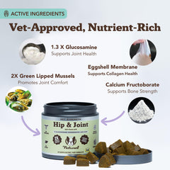 Natural Dog Company Vet Strength Hip & Joint Chews soft chews close-up showing easy daily supplementation
