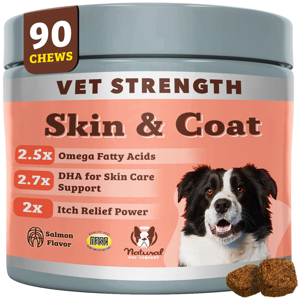 Natural Dog Company Vet Strength Omega Skin & Coat Chews front close-up showing glossy coat