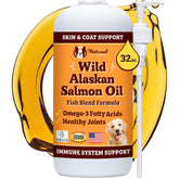 Natural Dog Company Wild Alaskan Fish Oil bottle pour suggesting a potential glossy coat benefit