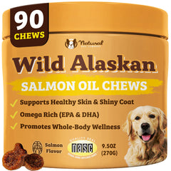 Natural Dog Company Wild Alaskan Salmon Chews packaging shows premium omega nutrition.