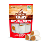 Natural Farm Bacon and Cheese Filled Bones pack for long-lasting canine chewing.