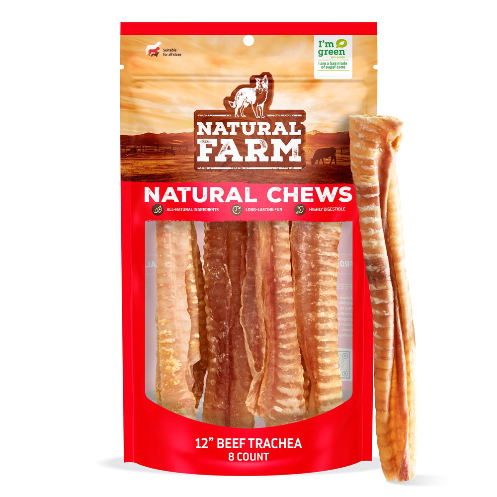 Natural Farm beef trachea 12-inch pack; close-up of crunchy texture for joint mobility support.