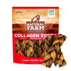 Natural Farm braided collagen chews packaging highlights a long-lasting dog chew.