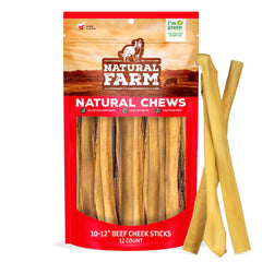 Natural Farm Bully Cheek Stick packaging highlights 12-pack, 10–12 inch chews for dogs.