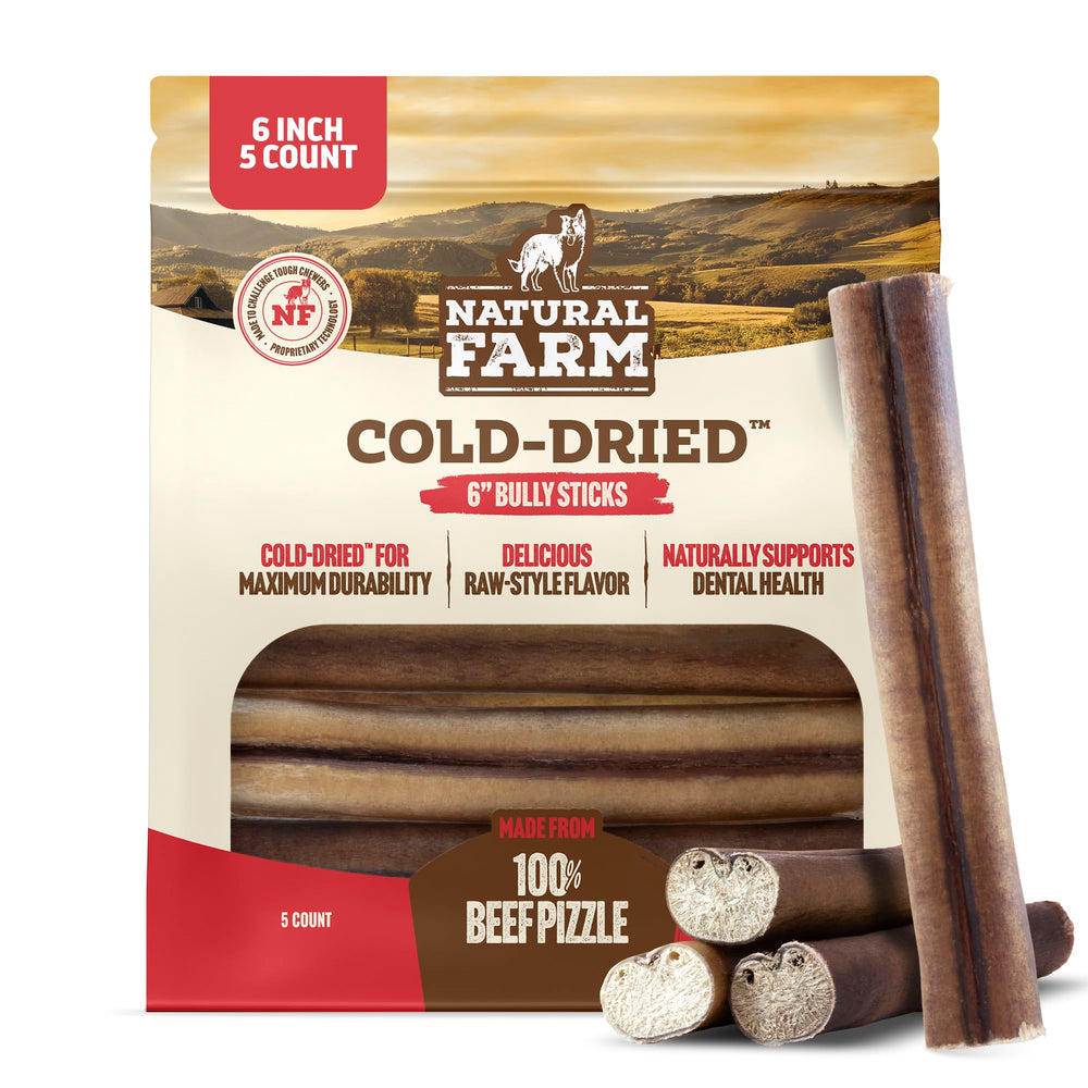 Natural Farm cold-dried bully stick 6-inch packshot, promotes long-lasting chewing.