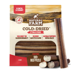 Natural Farm cold-dried bully stick 6-inch packshot, promotes long-lasting chewing.