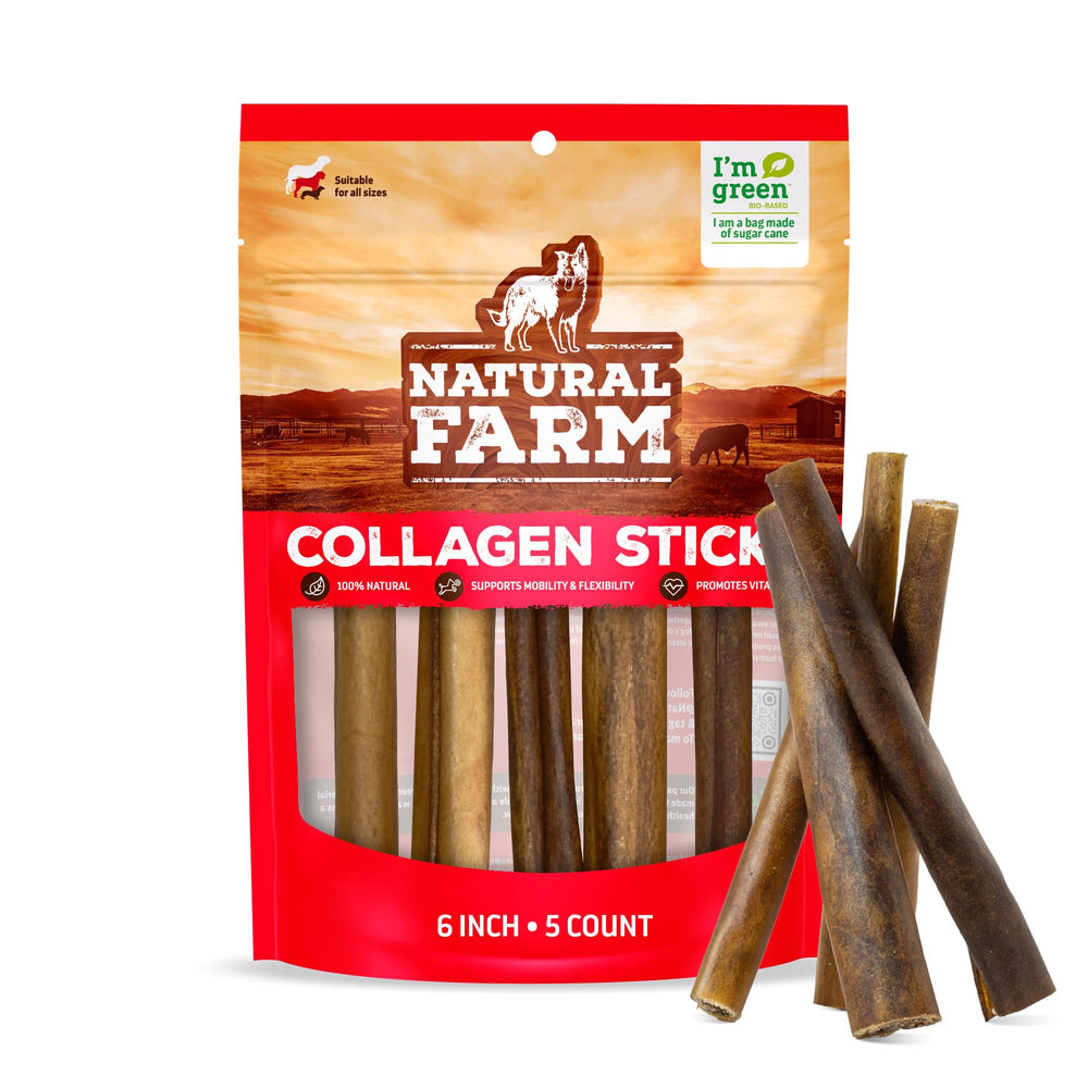 Natural Farm Collagen Sticks 6-Inch pack front highlights odor-free beef skin chews for dogs