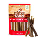 Natural Farm Collagen Sticks 6-Inch pack front highlights odor-free beef skin chews for dogs