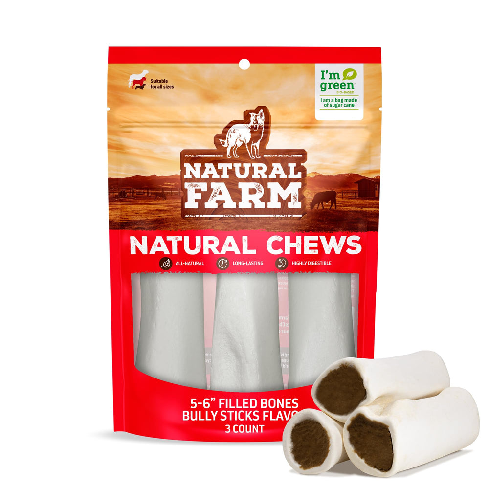 Natural Farm filled dog bones with bully flavor for large dogs, ready-to-chew pack.
