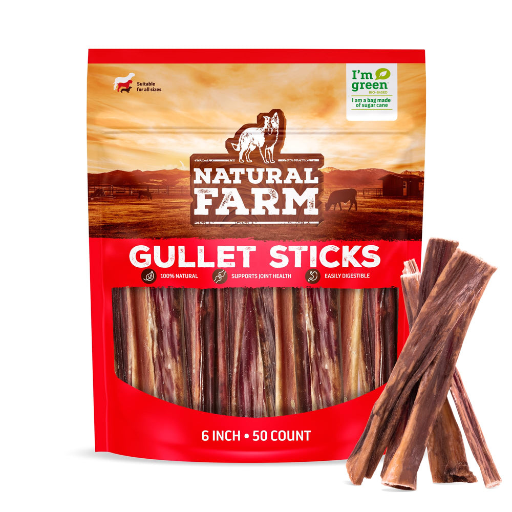 Natural Farm Gullet Sticks 6in 50pack: durable chew for dogs' playtime and mouth engagement.