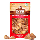 Natural Farm Half Pig Ears packaging shown for a natural, long-lasting dog chew.